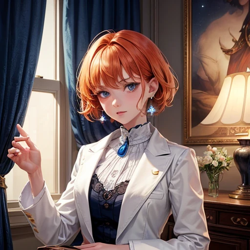 Highest quality, (masterpiece:1.2), figure, Absurd, (One girl, alone), (Beautiful detailed girl), ((Upper Body, Portraiture)),, Neck McMillan, short hair, Orange Hair, blue eyes, Medium chest, blue crystal earrings, White jacket, , nice, Calm, View your viewers,, Elegant bedroom interior, night, window, curtain, Starry Sky, lamp, Bookshelf, nightstand, vase, machine,