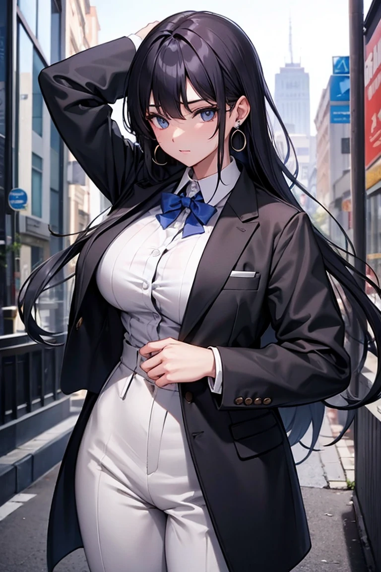 1girl,Nejire Hado, , standing outdoors on a sunny day, wearing a striking business suit with a twist


Her long, wavy blue hair is styled in a neat braid that falls over one shoulder, adorned with a few loose strands framing her face


She stands tall at 164cm, her slender yet athletic physique evident beneath the form-fitting suit. The white dress shirt is unbuttoned slightly at the collar, revealing a hint of her toned neck


A black jacket is draped over her shoulders, not fully zipped, giving a glimpse of her crisp white blouse underneath. The suit pants hug her legs perfectly, leading down to black leather boots


Her dark eyes, usually sparkling with curiosity, look up at the viewer with a soft, subtle smile playing on her lips. Her fingers gently rest on her chin, as if lost in thought


Medium-sized breasts are accentuated by the structured bra she wears underneath the suit, the straps visible at the neckline. Her fingernails are neatly manicured, adding to her professional demeanor as an "office lady"


In a surprising touch, she wears a black necktie, knotted perfectly beneath her chin, giving her a sense of authority and mystery. The outdoor setting provides a stark contrast to her formal attire, as if she stepped out of the office for a moment


The focus is solely on Nejire, captured in a peaceful, contemplative moment, her vibrant appearance standing out against the backdrop of nature. The details of her suit, hairstyle, and accessories scream sophistication, while her relaxed posture and tie hint at a more unexpected side to this young hero.