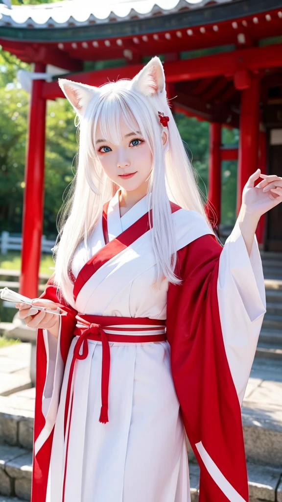 White fox beauty、Pale skin、tail、shrine、8K、Shrine maiden outfit、Look forward、The Big Picture、Red lines on face