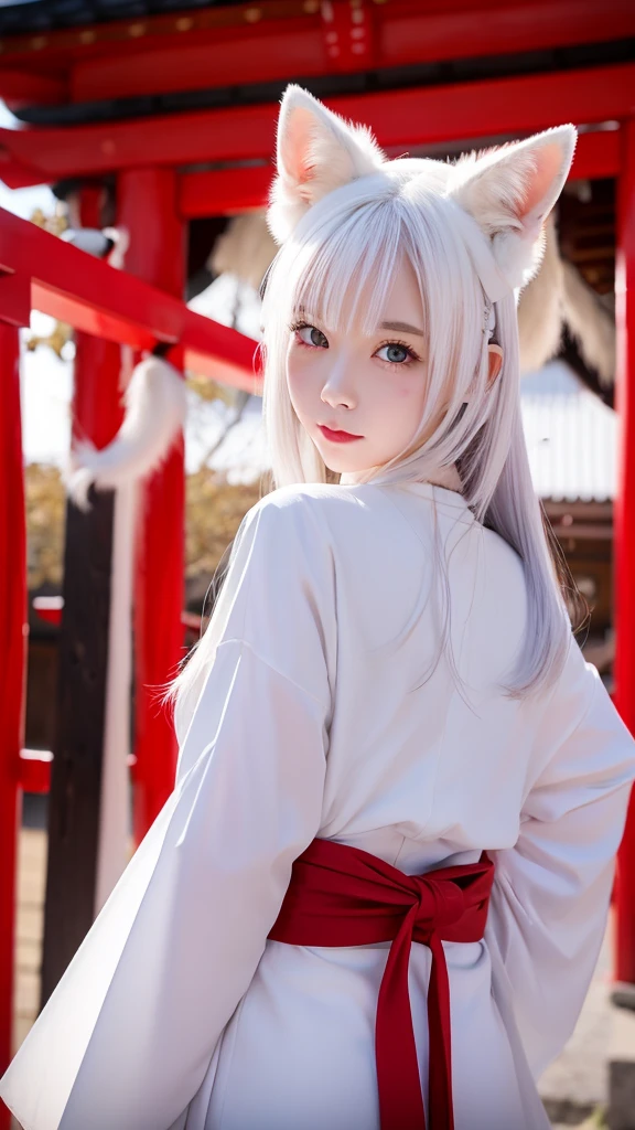 White fox beauty、Pale skin、tail、shrine、8K、Shrine maiden outfit、Look forward、The Big Picture、Red lines on face