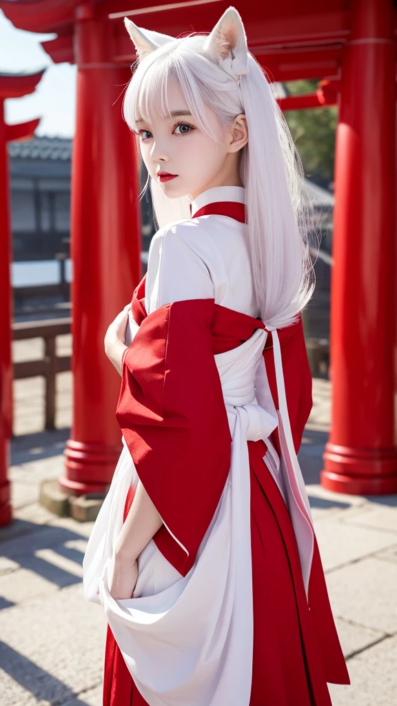 White fox beauty、Pale skin、tail、shrine、8K、Shrine maiden outfit、Look forward、The Big Picture、Red lines on face