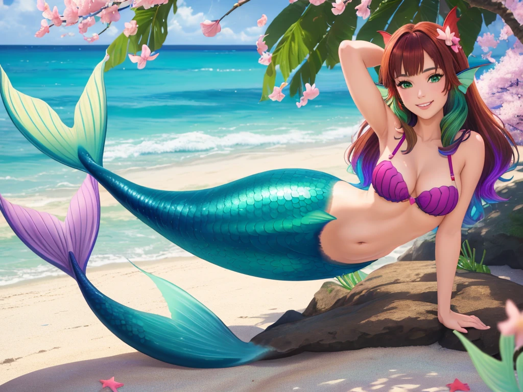 masterpiece, best quality:1.2), 1girl, smile, looking at viewer, green eyes, short brown multicolored hair, mermaid, mermaid girl, wearing purple seashell bra, laying on belly on beach, colorful mermaid tail, outdoors, head fins, fin ears, under cherry blossoms