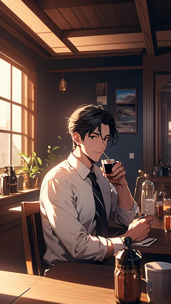 (Extremely detailed CG unified 8k wallpaper),(masterpiece), (best quality), (Super detailed), (Best illustration),(The best shadow), A man,Drink coffee,Stand by the window,black hair,It's dark indoors,The city lights outside the window are bright,silence,White T-shirt,jeans,Half-length photo,placed on the table