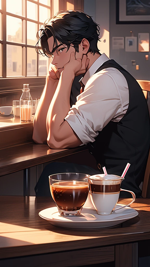 (Extremely detailed CG unified 8k wallpaper),(masterpiece), (best quality), (Super detailed), (Best illustration),(The best shadow), A man，Drink coffee，Stand by the window，black hair，It&#39;s dark indoors，The city lights outside the window are bright，silence，White T-shirt，jeans，Half-length photo，placed on the table