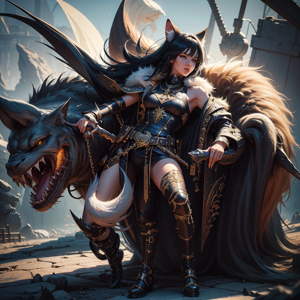 masterpiece, (textured skin), best quality, gorgeous beautiful, (a beautiful girl,wolf ears,wolf tail),detailed clothes,large breasts,narrow waist,, (beautiful face), cinematic lighting, (fantasy anime art ),