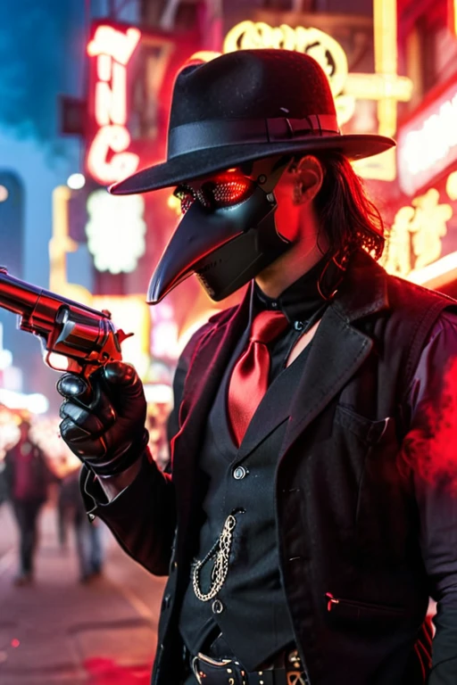 1 Male, wearing a black plague doctor mask, wearing a black button-up with a black vest and red tie, leather gloves, wears a black fedora, head is fully covered, mask eyes glowing red, no skin showing, holding a gun in hand, goth, neon city lights, smoke coming from gun, depth of field, side view