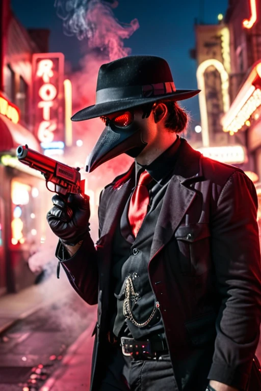 1 Male, wearing a black plague doctor mask, wearing a black button-up with a black vest and red tie, leather gloves, wears a black fedora, head is fully covered, mask eyes glowing red, no skin showing, holding a gun in hand, goth, neon city lights, smoke coming from gun, depth of field, side view