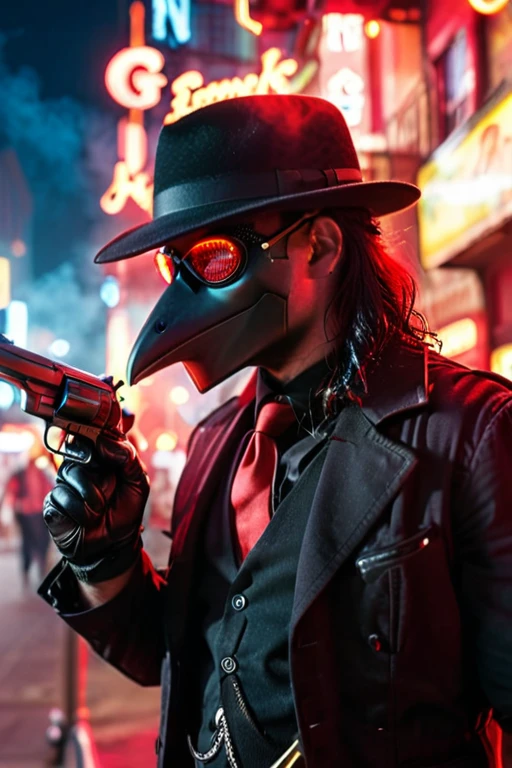 1 Male, wearing a black plague doctor mask, wearing a black button-up with a black vest and red tie, leather gloves, wears a black fedora, head is fully covered, mask eyes glowing red, no skin showing, holding a gun in hand, goth, neon city lights, smoke coming from gun, depth of field, side view