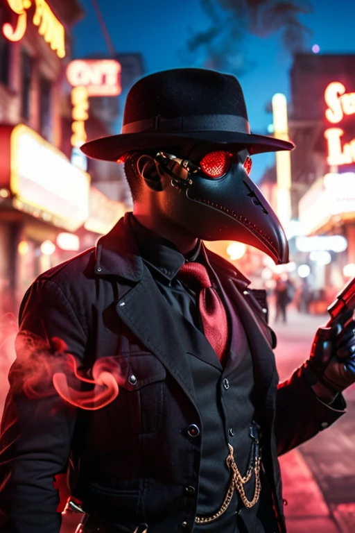 1 Male, wearing a black plague doctor mask, wearing a black button-up with a black vest and red tie, leather gloves, wears a black fedora, head is fully covered, mask eyes glowing red, no skin showing, holding a gun in hand, goth, neon city lights, smoke coming from gun, depth of field, side view