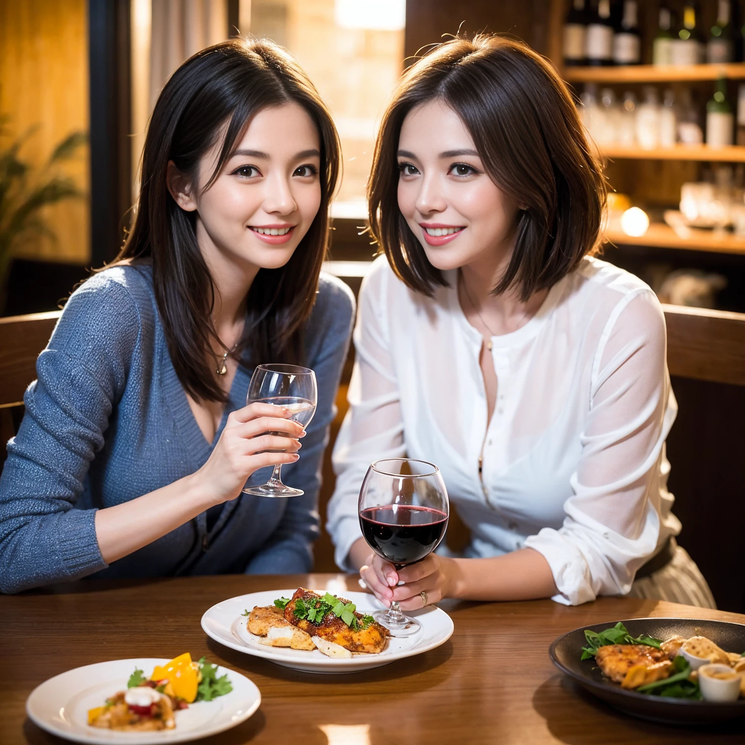 ((Highest quality、8K、masterpiece:1.3))、 (Ultra-realistic、 Genuine、Bright image、Intricate details:1.2), 最高のsmile、1 male、1 female、Beautiful couple、love love love、spouse、Good friends、actress couple、smile、Full-course dinner at a packed table、 (Slim face), (the body is slim), (Brown Hair), (short hair), テーブルのwine glass、Please shine a light on my face、 Amazing view of the sunset sky and clouds、 39 years old, red wine 、Appetizers、Wine bottle、sparkling wine、Long sleeve shirt、dress、White wine, red wine, wine glass,