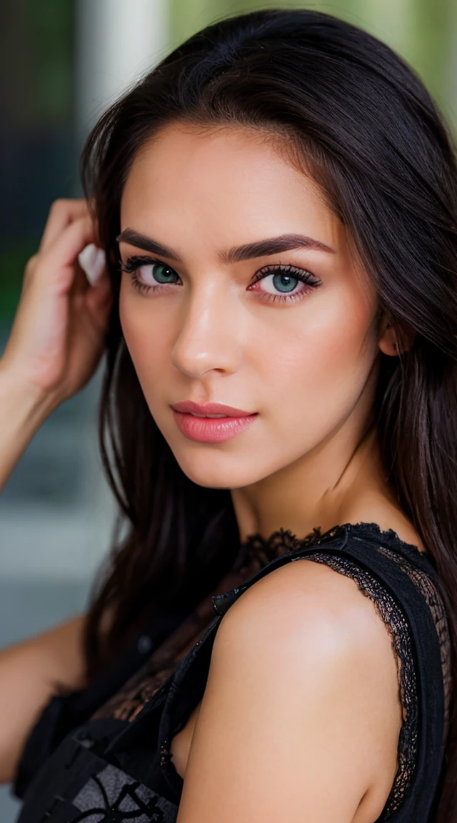 A stunning photorealistic image of a woman taking a photo of herself for an Instagram profile picture, sexly, great potrine, nice face, yeux vert et marron clair. She is wearing a black lace top. 