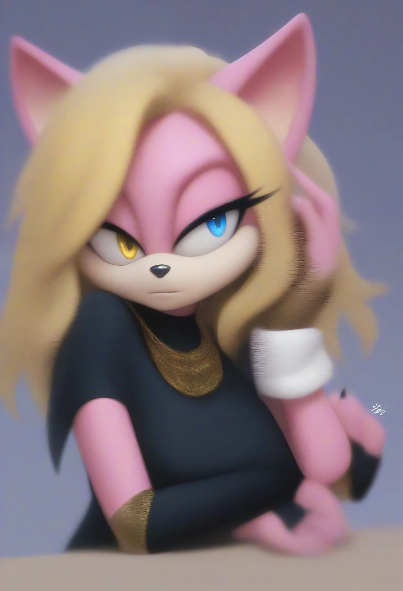 score_9, score_8_up, ((2D)), ((flat color)), Sonic the Hedgehog series style, Mobian, masterpiece, 1girl, furry, furry female, looking at viewer, 1girl, very detailed, extremely detailed, a sonic the hedgehog series character, tough, puzzled expression, sound lines, slightly above average sized bust, milf, spikes, cat, sitting at table, interrogation room … (1girl), (solo), Female Cat, pink fur, (blonde hair), long hair, lower back length hair, large hair bangs, side locks, hair over shoulders, heterochromia, left yellow eye, right light blue eye, (black poncho), black cape, black yoga pants, black fingerless gloves, bandaged arms, eyelashes, looking to the side, daytime, mobian, mobius city, half body, portrait, one hand beside face