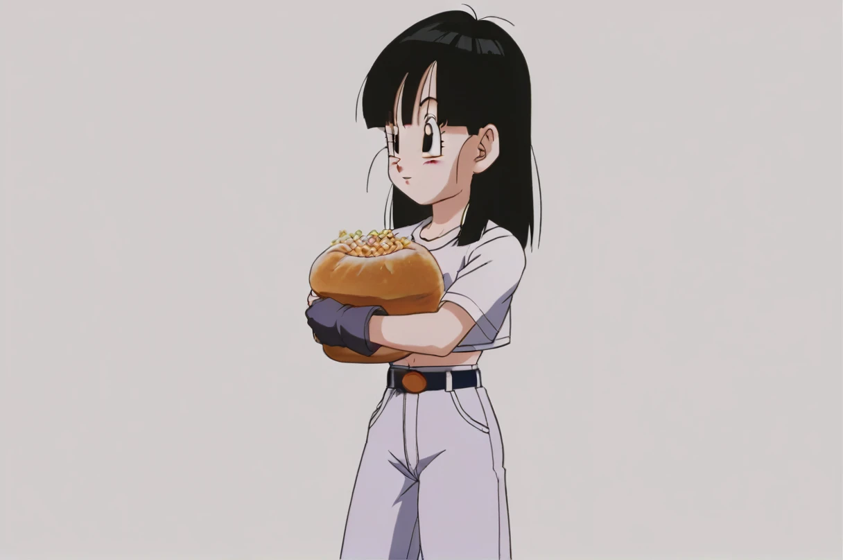 sauce_anime, score_9, score_8_superior, score_7_superior, anime screencap,4K, bread \(Dragon Ball), One girl, alone, Long Hair, Long Hair, Purple Hair, Brown eyes, White shirt, Long shirt, Short sleeve, Arms crossed, Brown gloves, blush, Look to the side, Wind, nail, eyelash, Simple Background, White Background,