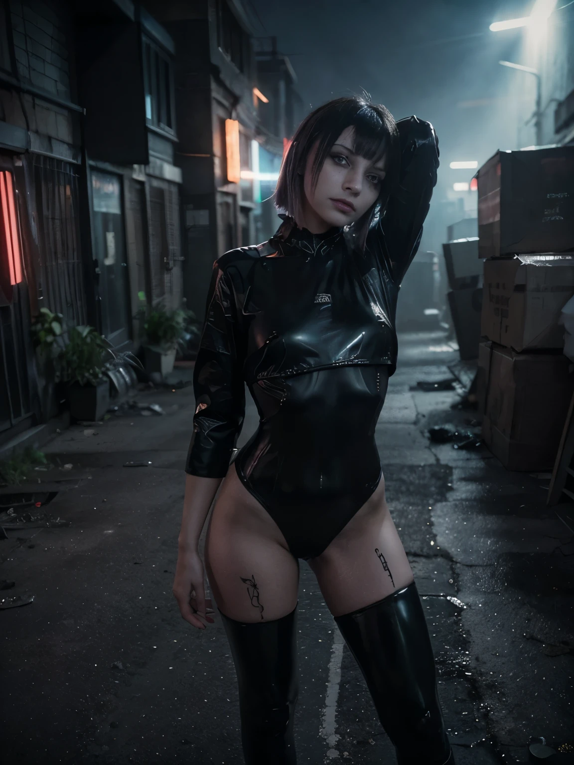 (Best Quality,hight resolution,Masterpiece, half body shot:1.2),Ultra-detailed,woman dressed in a very tight military leotard,sickly,standing with a dark cyberpunk city in the background, she's wearing a very ???? camuflage military ????????, cyberpunk alley in the background, tactical ????????, noir cyberpunk, perfect body, sensual pose,full body shot, horror vibes, centered subject,gloomy ???????,??????,dark gloomy atmosphere, creepy atmosphere, gritty texture,Retro-atmosphere,warped reality,melancholic expression on his face,mysterious aura,foggy atmosphere,foggy background,Subtle color palette,provocative pose,Strong emotions,Coming Out of the Depths of Despair,Piercing gaze,intense shadows,Plunged in Darkness,dark industrial aesthetic,ominous vibe,A supernatural sensation,Loss of Place in Time and Space,Eerie silence.asymmetrical bangs, freckles, white short hair, Bangs, freckles, gray eyes,