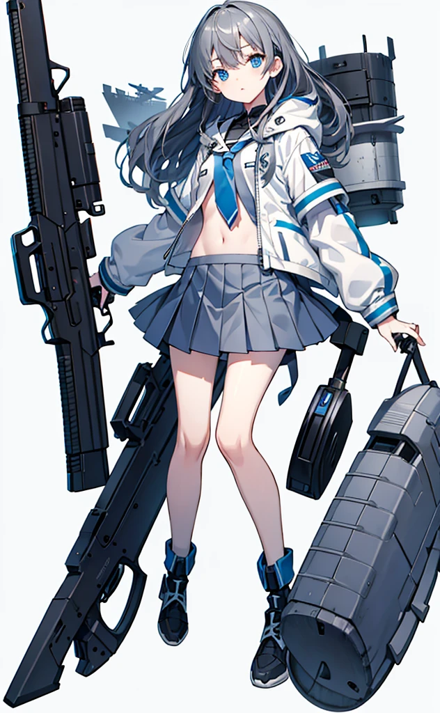 Loli，Dark gray hair，Blue Eyes，White jacket and grey short sleeves，Blue skirt for lower body，Technology，flat chest，Holding a gun，Airplane anthropomorphism，whole body。White background。