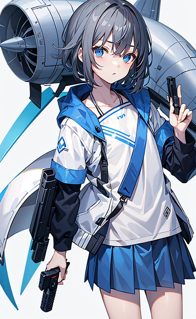 ，Dark gray hair，Blue Eyes，White jacket and grey short sleeves，Blue skirt for lower body，Technology，flat chest，Holding a gun，Airplane anthropomorphism，whole body。White background。