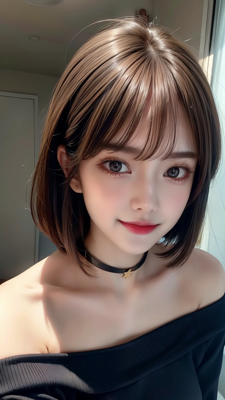 Top quality, Masterpiece, Short bob, One woman, Black hair, Blue eyes, Look up, Upper body, Golden proportions, Sheer shirt, Transparency, Attractive gaze, Glossy, Clear double eyelids, Cute smile, Smiling, Choker, Big eyes, Big breasts, Glossy skin, Clavicle, Ears, Bangs, (Best quality, 8k, Masterpiece: 1.3), Pretty woman with a perfect figure: 1.4, dark brown hair, big, Wearing pendants, torn shorts, sleeping in bedroom, highly detailed face and skin, detailed eyes, double eyelids, top quality, masterpiece, (photorealistic: 1.4), one woman, golden ratio, high angle shot, upper eyes, low angle shot, perfect face, beautiful figure, cute face, face close-up, zoom in on face, short bob, short hair, Smile from different angles, smile, gloss, highlight, gloss, glossy on skin, glossy skin, wet skin, wet, bangs, cute smile, bust, off-shoulder, refreshing charm, elegant, perfect hands, smile from angle, smile, shiny, highlight, glossy skin, bangs, bust, big, warm off-shoulder, refreshing charm, ear out, gaze to camera, poses at various angles