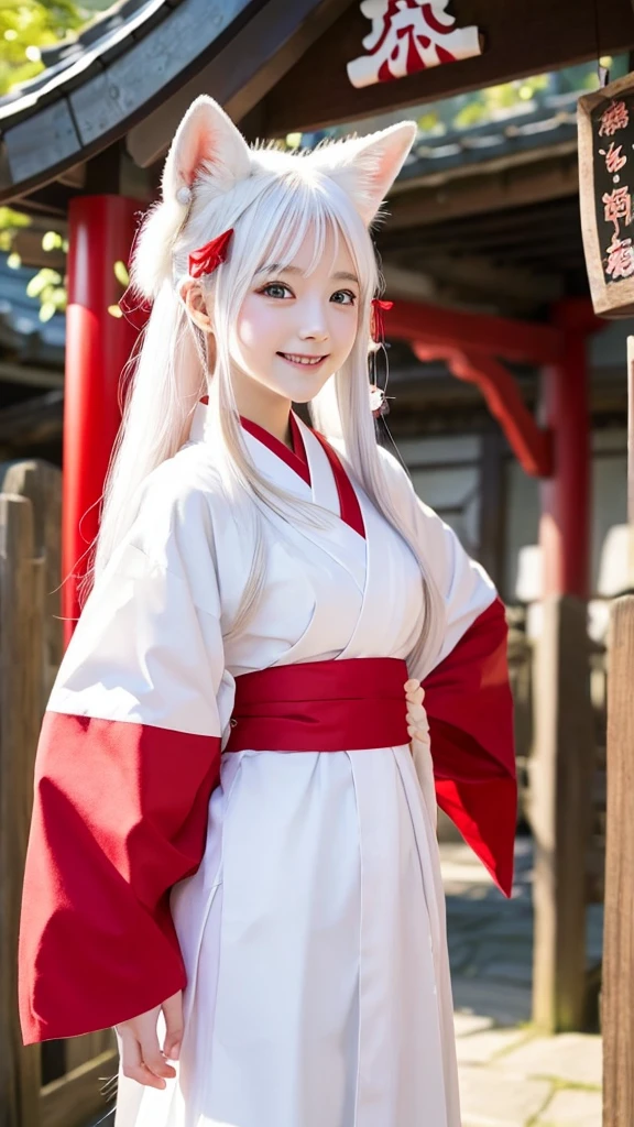 White fox beauty、Pale skin、tail、shrine、、Shrine maiden outfit、Look forward、The Big Picture、Red lines on face、cute、smile