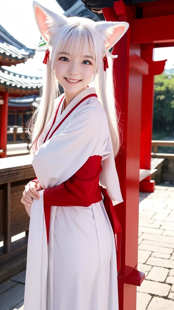 White fox beauty、Pale skin、tail、shrine、、Shrine maiden outfit、Look forward、The Big Picture、Red lines on face、cute、smile