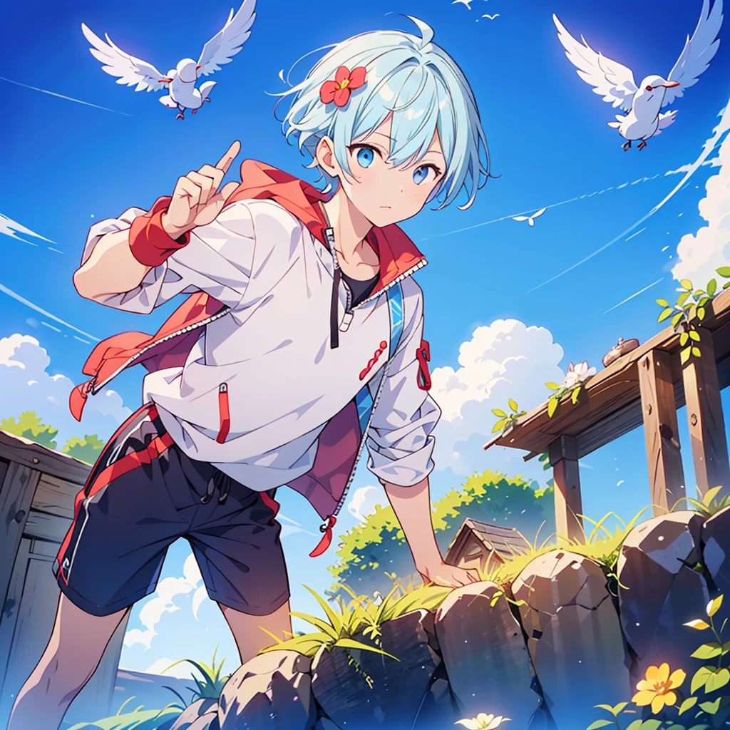 1boy、Highest quality、Masterpiece、Official Art、Dynamic composition、Handsome young boy、A mixture of light blue and white hair、I'm very surprised、I&#39;m in a hurry、