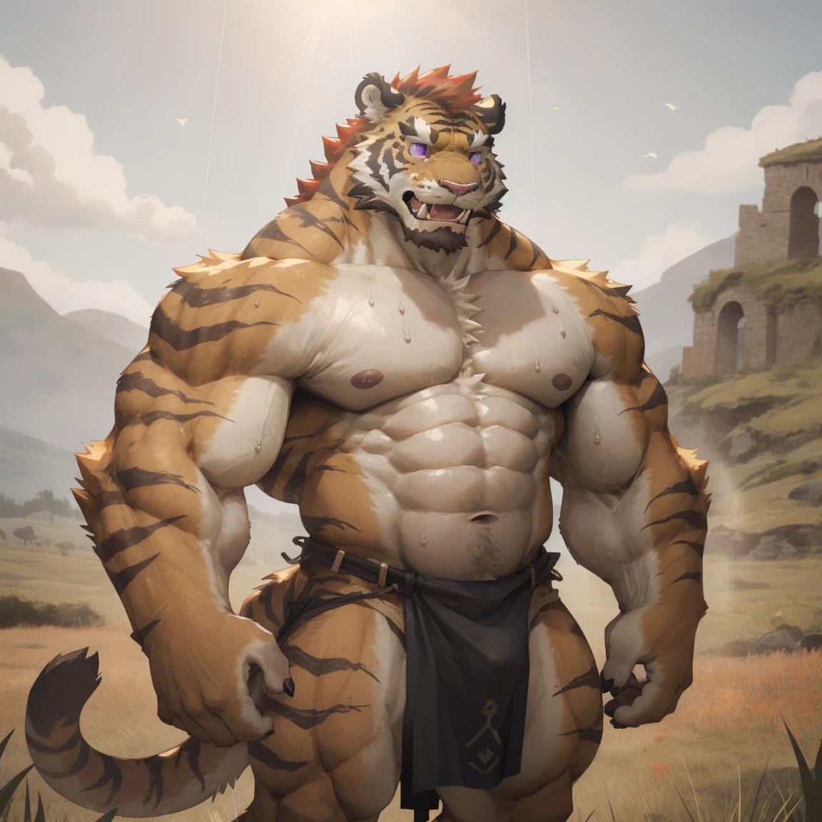 masterpiece, best quality, 8k resolution, Very detailed, hairy，tiger，((red hair))，muscle，Strong，超大muscle，((Sweating))，(((Purple Eyes)))，For the audience，(((Ancient times)))，portrait，((()))，(Highest quality scene)，((( cloth)))，(((grassland)))，(((Vigilant)))，(((Hip bulge)))，(((Ultra clear eyes))，(((long fangs)))，((Solitary))，((whole body))，(((Sunlight)))，(((Standing)))，((Mature))，(((Uncle)))，(((Orange fur)))