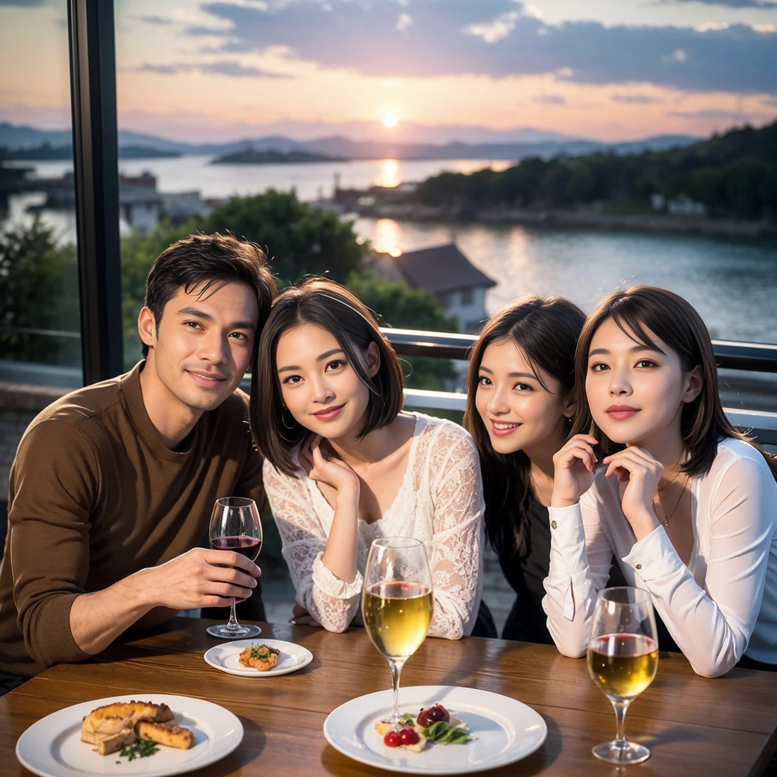 ((Highest quality、8K、masterpiece:1.3))、 (Ultra-realistic、 Genuine、Bright image、Intricate details:1.2), 最高のsmile、1 male 1 female、Beautiful couple、love love love、lover、spouse、Good friends、actress couple、smile、Full-course dinner at a packed table、 (Slim face), (the body is slim), (Brown Hair), (short hair), テーブルのwine glass、Please shine a light on my face、 Amazing view of the sunset sky and clouds、9 years old, red wine 、Appetizers、Wine bottle、sparkling wine、Long sleeve shirt、dress、White wine, red wine, wine glass,