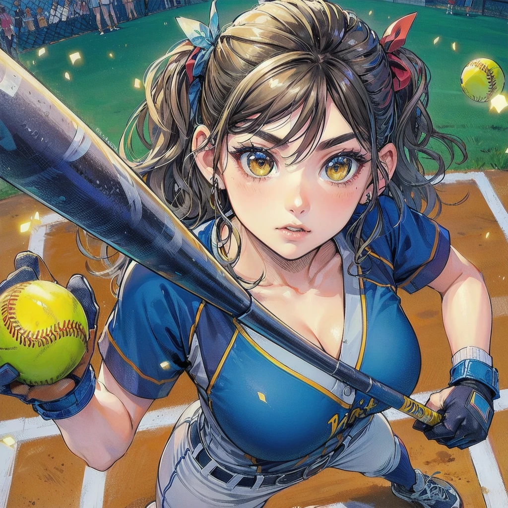 masterpiece, (textured skin), best quality, gorgeous beautiful girl, (a female softball athlete), detailed clothes,large breasts,narrow waist,, (beautiful face), cinematic lighting, (at softball venue ),