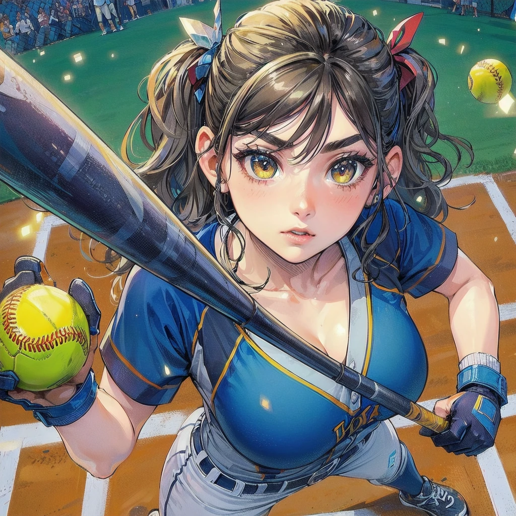 masterpiece, (textured skin), best quality, gorgeous beautiful girl, (a female softball athlete), detailed clothes,large breasts,narrow waist,, (beautiful face), cinematic lighting, (at softball venue ),