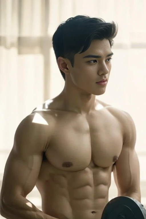 ((G guy mix face: (Booboo Stewart: 0.5) and (taylor lutner: 0.5))) as A handsome male warrior, muscled, fit, (big pecs: 1.3, big nipples: 1.3), large areolae, nipples rings))), X chain leather harness, of sparkling silver and gold, metal, polished, glossy wonder woman armor looks like, lens flare, bokeh, Wide-Angle, f/1.2, 85mm, Fujifilm, rococo style, high detail, Conceptual art, Hyperrealism, blending, backlighting, Fujicolor, depth of field, UHD, masterpiece, ccurate, anatomically correct, textured skin, super detail, high details, high quality, award winning, best quality, highres, 1080P, HD, 16k