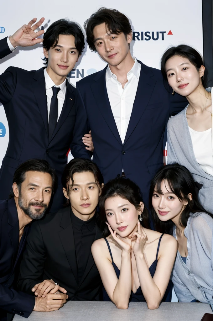 Des amis korean pose pour une photo, un air agréable, il on l'air responsable les uns des autres. Ils sont charismatiques, très bien détaillés, beaux visages, beaux yeux. À côté d'un lycée coréen. Style kdrama. Suspens. Ils ont tous 18 years. Lumières sombres. Bad guys.