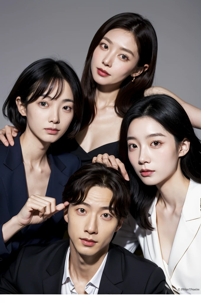 Des amis korean pose pour une photo, un air agréable, il on l'air responsable les uns des autres. Ils sont charismatiques, très bien détaillés, beaux visages, beaux yeux. À côté d'un lycée coréen. Style kdrama. Suspens. Ils ont tous 18 years. Lumières sombres. Bad guys.