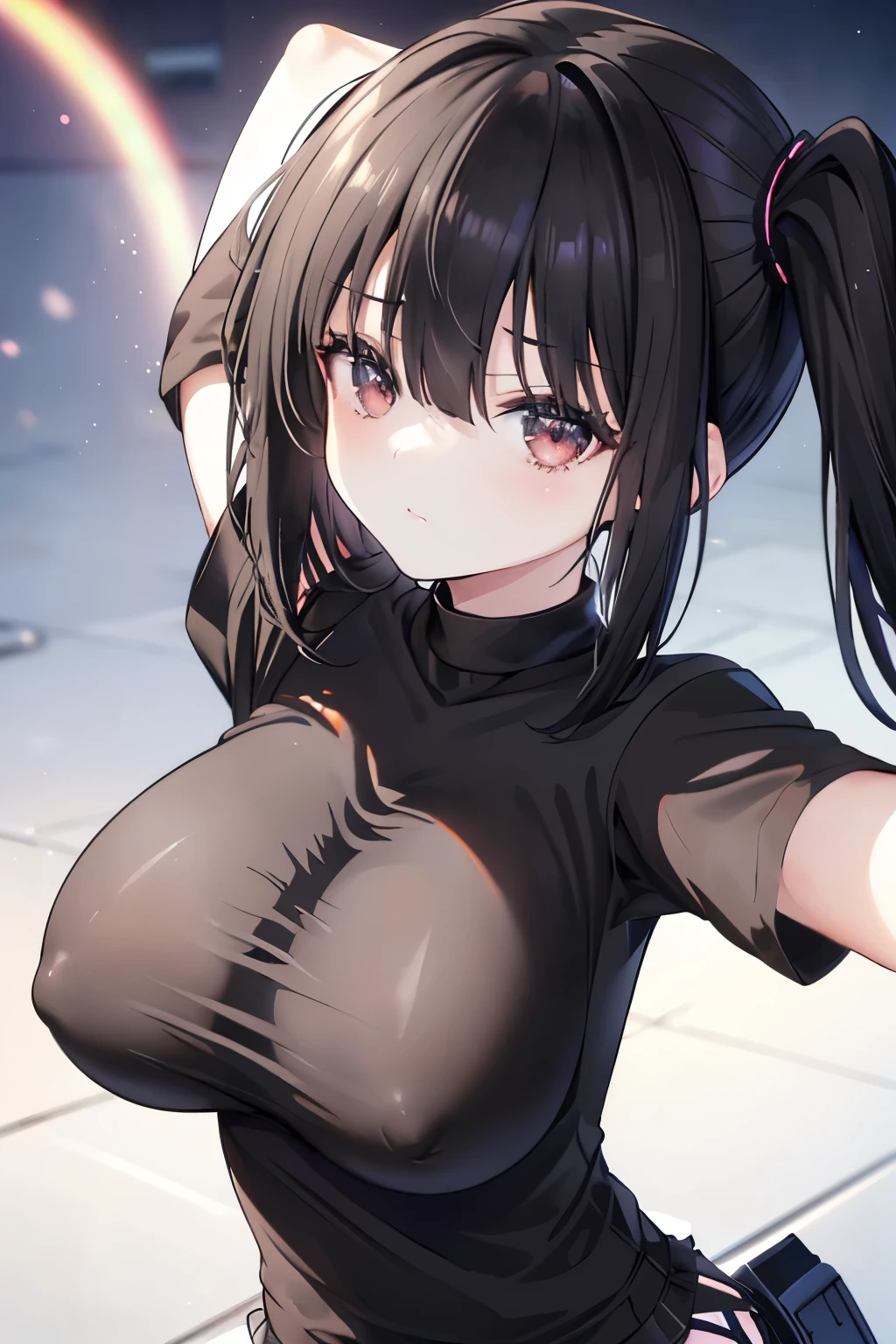 Optimal，masterpiece，High resolution，Highest quality，(Cowboy Shot)、Cute face，Black Hair、Long Hair、Twin tails、((Shoot from the front:1.5)), ((Tight black t-shirt:1.5)). ((Beautiful nipples))、((Big Breasts:1.5)), 