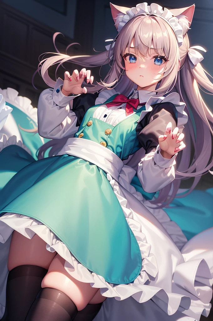 masterpiece, best quality,1girl, solo,whtie hair,medium hair,blue eyes,long sleeves,juliet sleeves,apron,maid,maid headdress,puffy sleeves,green dress,vest,buttons, white thighhighs,standing, looking at viewer, nose blush, (cat ear, claw pose:1.2), human finger,