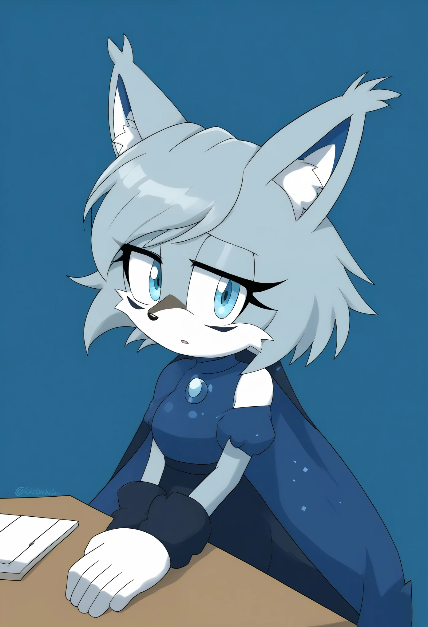 (1girl), (solo), Female Lynx, light gray fur, short hair, large hair bang, side locks, hair over shoulders, light blue eyes, (light blue poncho), light blue cape, navy blue dress, gloves with fluffy cuffs, eyelashes, mobian, Mobius city, half body, interrogation room, sitting at table, puzzled expression
