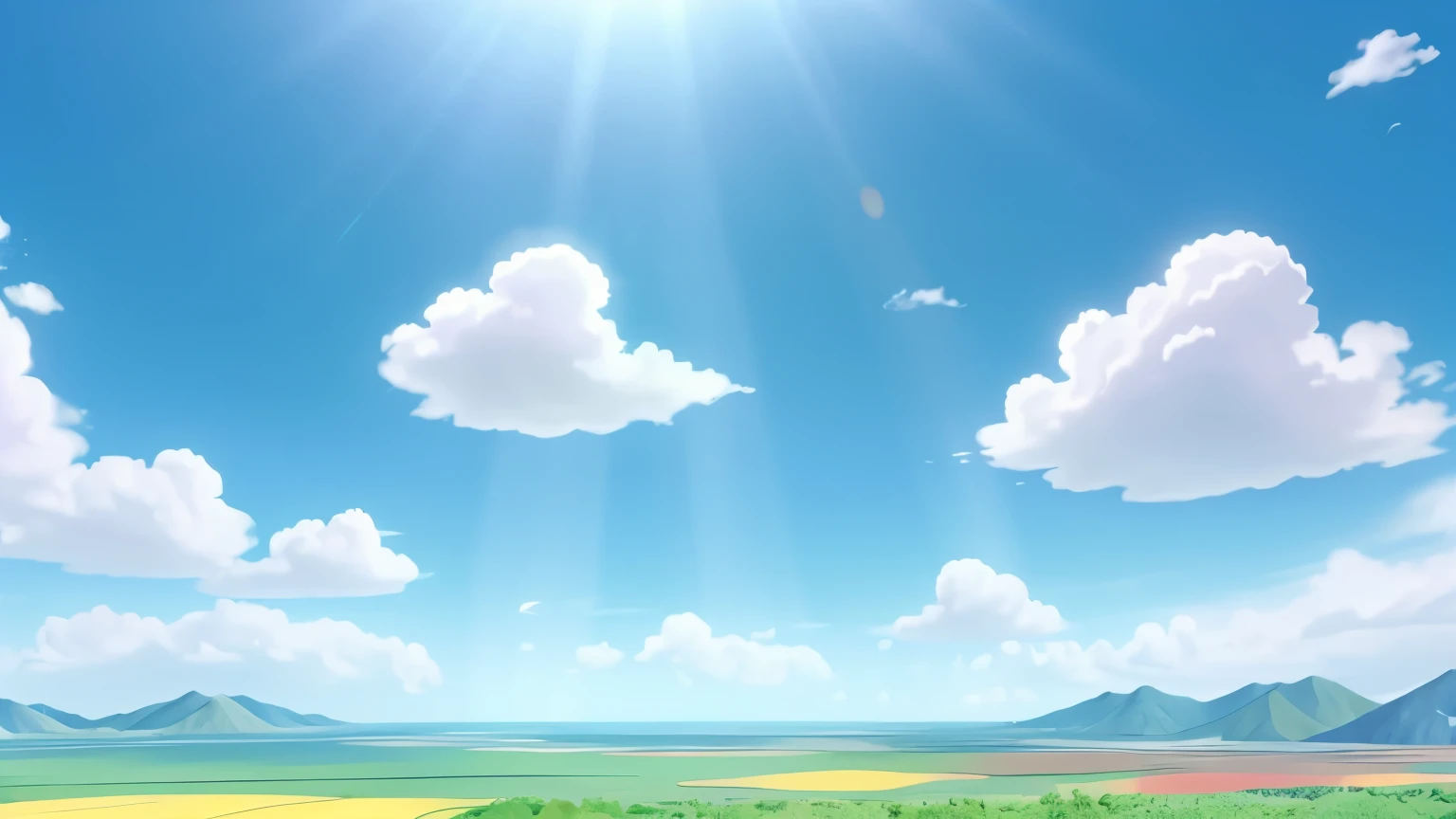 blue sky with clouds and sun rays with vibrant colors "animated cartoon disney" "cartoon" "animated cartoon" Animations, animated cartoon, 4k image 
