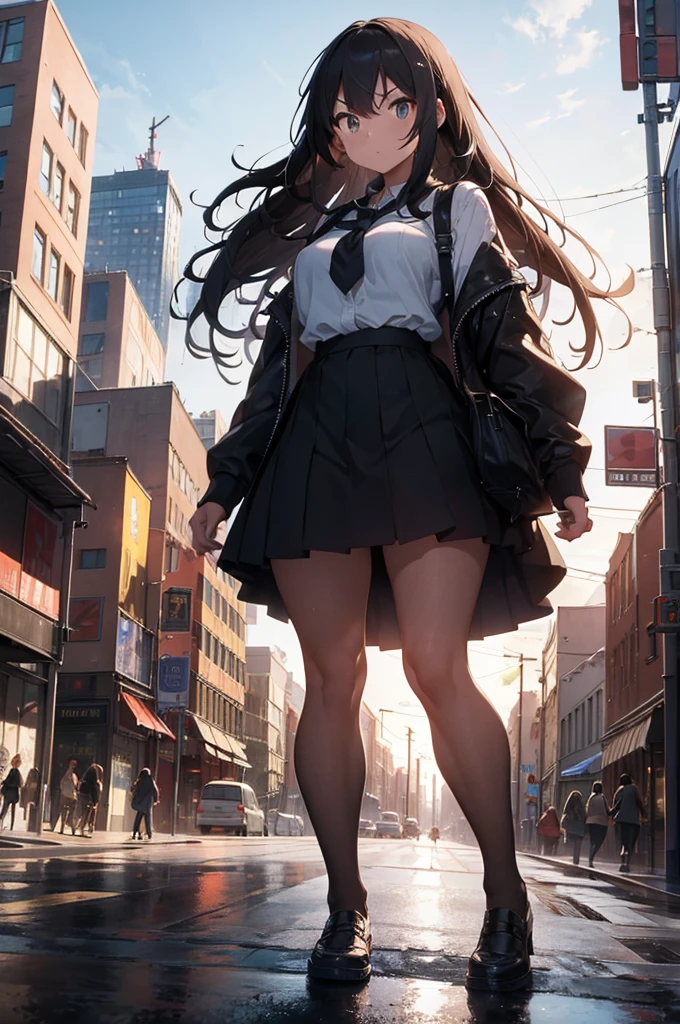 score_9:
A colossal girl, towering above the city, is proudly standing in the heart of it all. Clad in a vibrant, impeccably detailed , she stands out like a beacon amongst the surrounding buildings and roads. The backdrop unfolds into an intricate cityscape, with towering skyscrapers, bustling traffic, and an array of buildings, all captured in ultra-high-resolution with a masterful level of detail.She destroys buildings with her punches. very angry.

score_8_up:
A gigantic girl figure, overshadowing the city, stands resolute amidst the urban landscape. school-uniform,angry,kicking viewer,