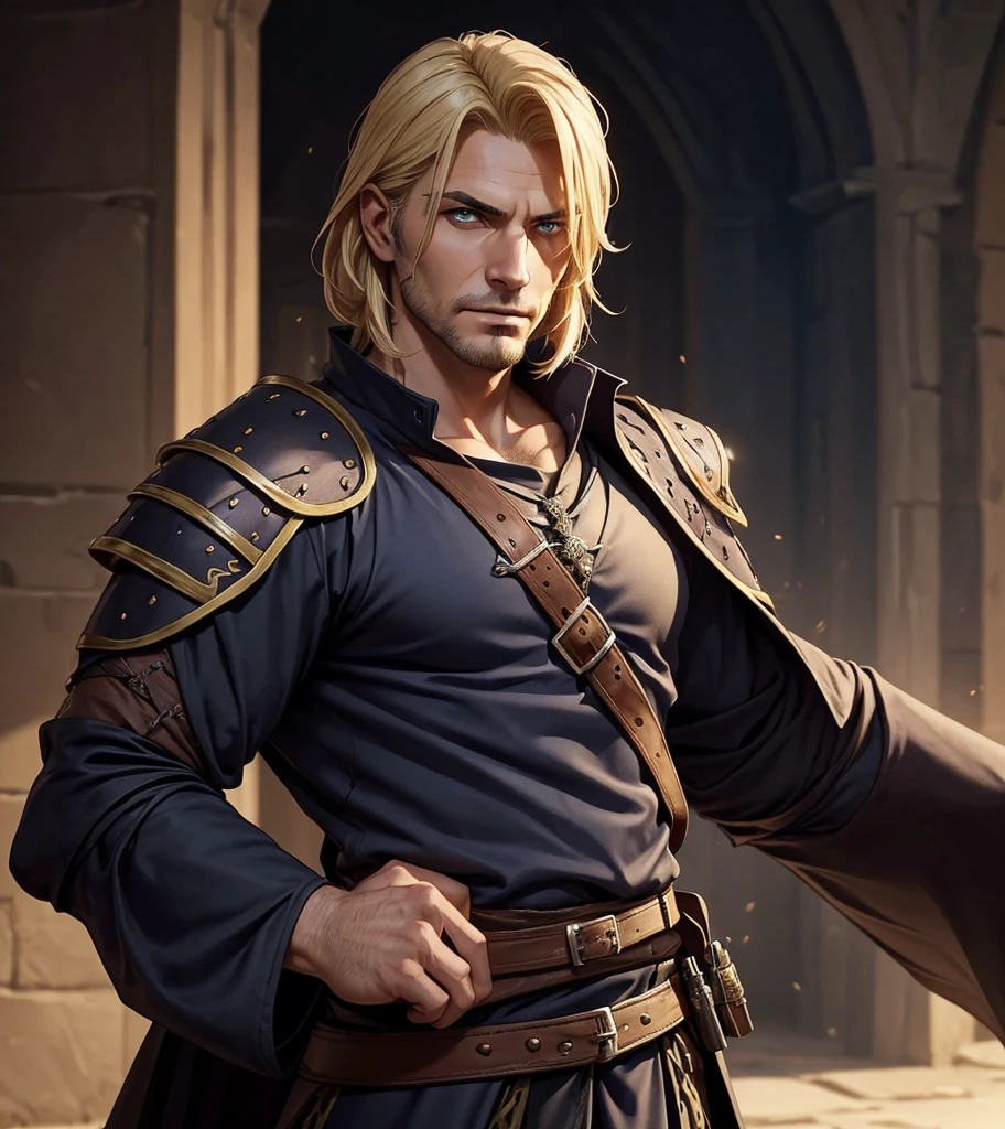 (((Solo character image.))) (((Generate a single character image.)))  (((Dressed in medieval fantasy attire.))) (((Very sexy facial expression.))) Generate a male fantasy character who is a good looking, handsome criminal.  He is a shifty and suspicious individual who is untrustworthy and somewhat sinister.  But he is a confidence trickster. Shoulder-length blond hair.  He looks like a dangerous man.  Handsome.  Intense stare.  He looks like a very sexy male villain for a fantasy setting.  (((Sexually attractive.)))