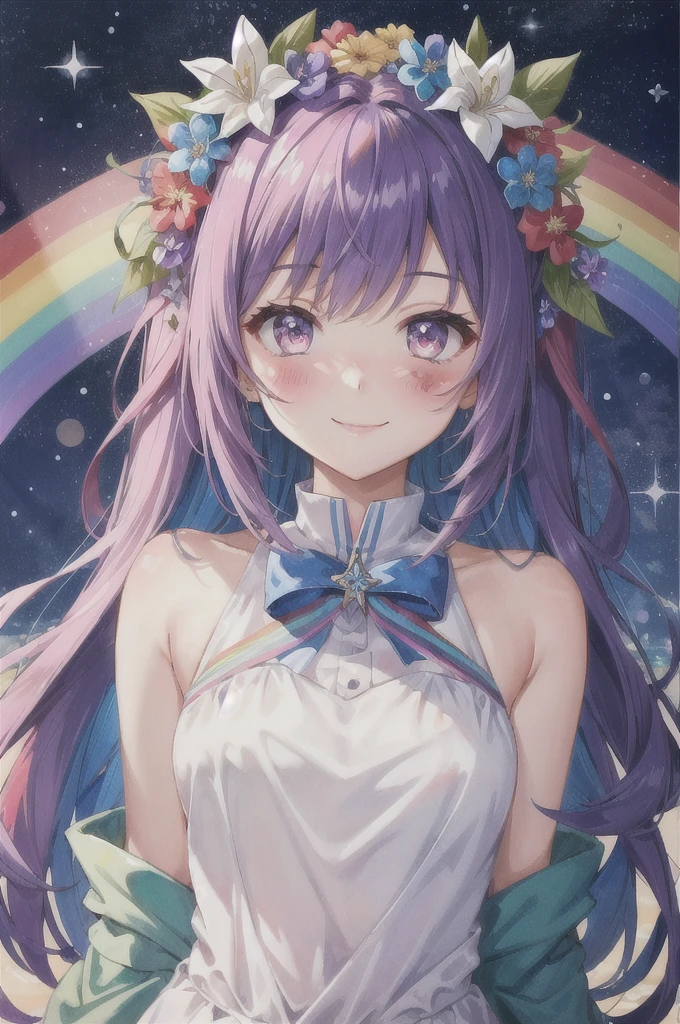 Rainbow Girl,(colorful:1.2),One girl,alone,smile,blush,flower,hair ornaments,flower柄プリント,whole body,, 8K, Highest quality, masterpiece, Three-part method, That&#39;s excellent, High resolution, Sharp focus, Very detailed explanation, Professional, Luxurious and exquisite details,