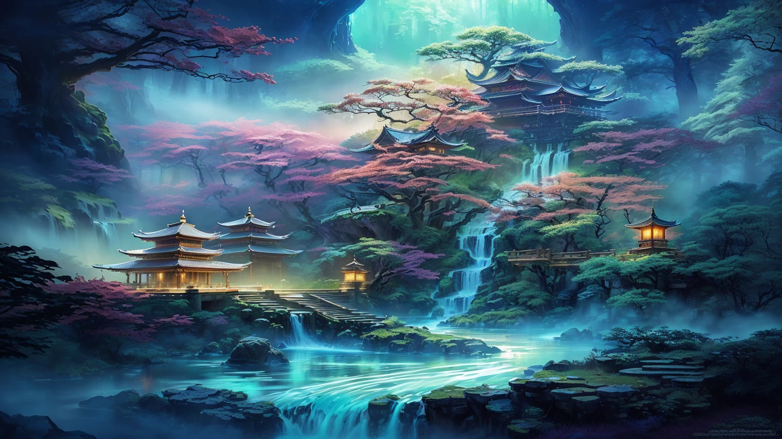 Waterfall and pagoda in the forest at night, Beautiful and detailed fantasy, Beautiful art UHD 4K, magic Fantasy Very Detailed, Chinese Fantasy, Beautiful fantasy painting, Detailed fantasy digital art, Magical scenery, Fantasy Very Detailed, Mysterious fantasy landscape, 4k highly detailed digital art, Composed of trees and fantasy valley, Beautiful digital artwork, Impressive fantasy landscape