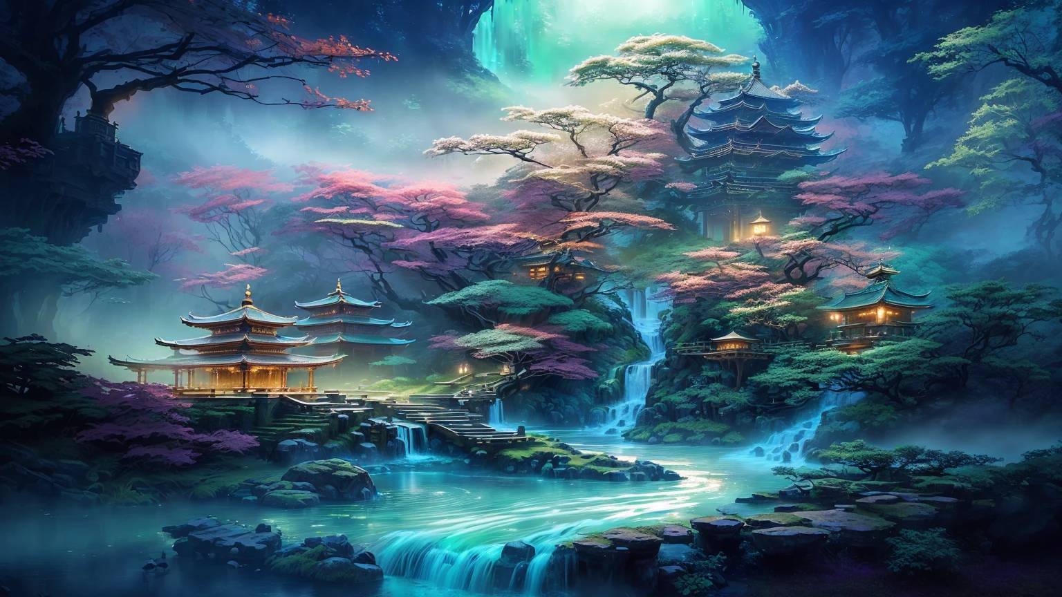Waterfall and pagoda in the forest at night, Beautiful and detailed fantasy, Beautiful art UHD 4K, magic Fantasy Very Detailed, Chinese Fantasy, Beautiful fantasy painting, Detailed fantasy digital art, Magical scenery, Fantasy Very Detailed, Mysterious fantasy landscape, 4k highly detailed digital art, Composed of trees and fantasy valley, Beautiful digital artwork, Impressive fantasy landscape