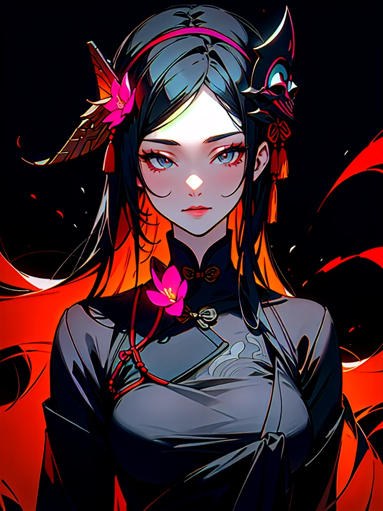 mask off China, dark black background, neon flowers, detailed, uhd, long hair, nsfw, wallpaper