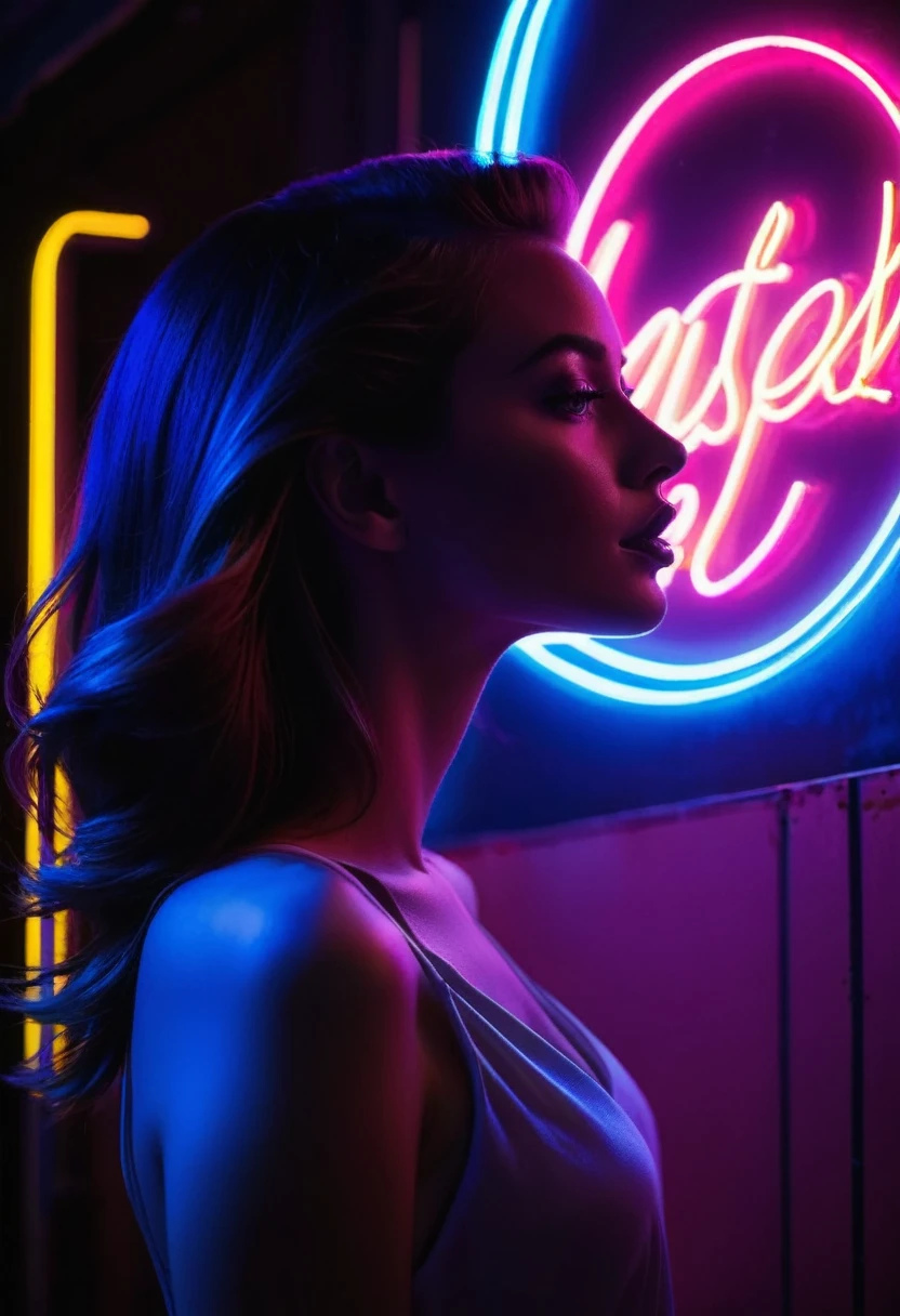 Side face silhouette，Shadow of beautiful woman under neon sign,Huge neon signboard，(Neon sign with text:1.5)
