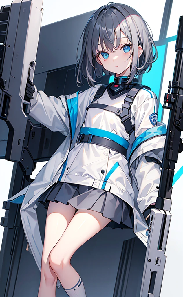 Loli,Dark gray hair,Blue Eyes,White jacket and grey short sleeves,Blue skirt for lower body,Technology,flat chest,Holding a gun,whole body。White background。