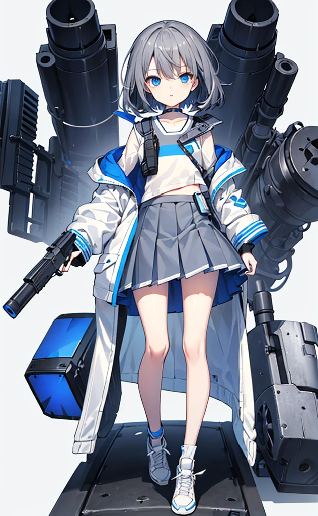 ,Dark gray hair,Blue Eyes,White jacket and grey short sleeves,Blue skirt for lower body,Technology,flat chest,Holding a gun,whole body。White background。
