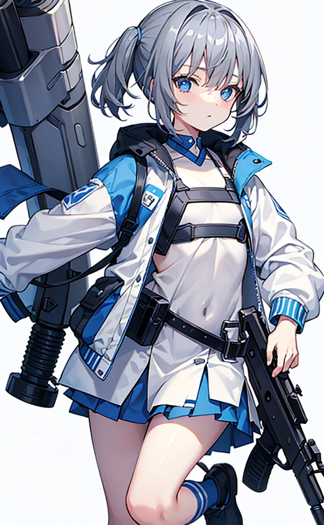 ,Dark gray hair,Blue Eyes,White jacket and grey short sleeves,Blue skirt for lower body,Technology,flat chest,Holding a gun,whole body。White background。