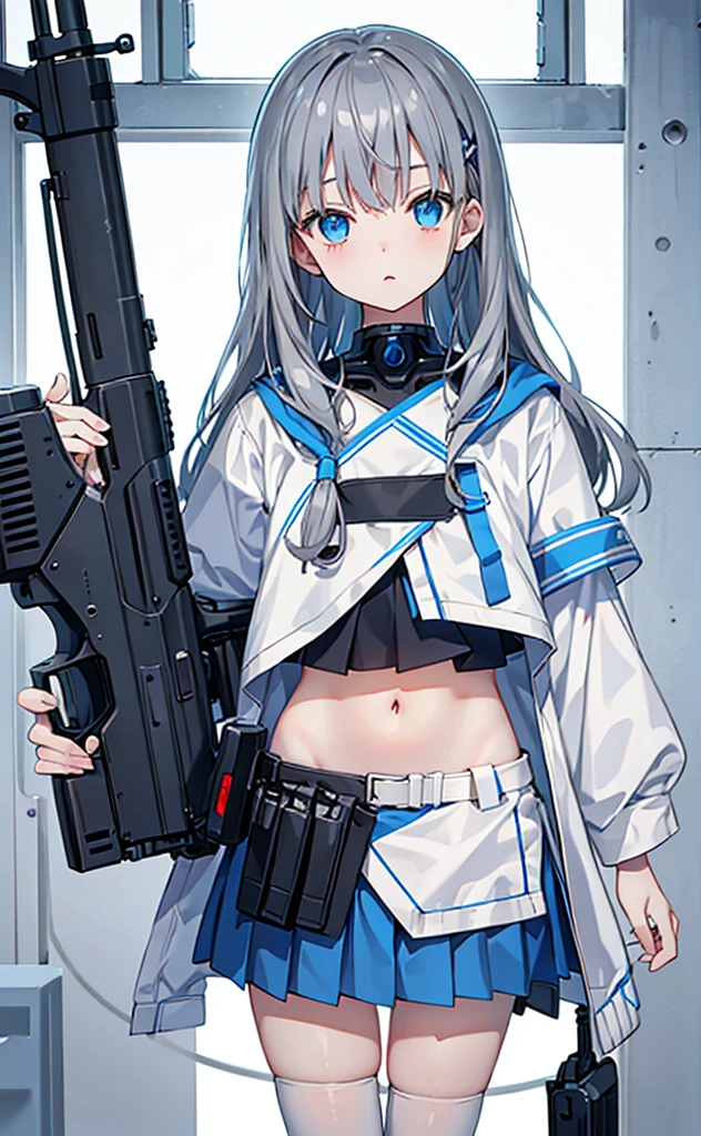 Loli，Dark gray hair，Blue Eyes，White jacket and grey short sleeves，Blue skirt for lower body，Technology，flat chest，Holding a gun，whole body。White background。