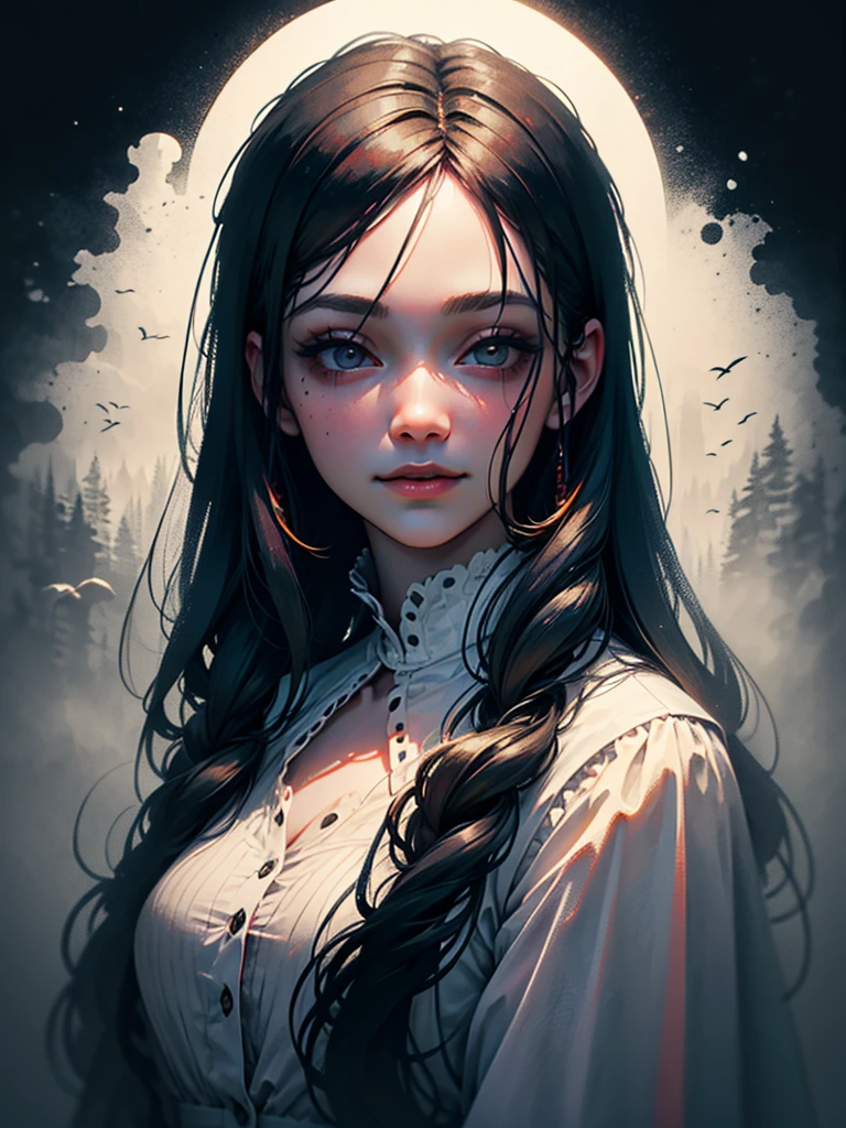 work of art, ultra realistic, 8k, perfect, a beautiful young woman, perfect face, bright eyes, black eyes, discreet smile, dark makeup, black hair, dressed as a witch, dense and dark forest in the background, soft fog, low light, dark weather
