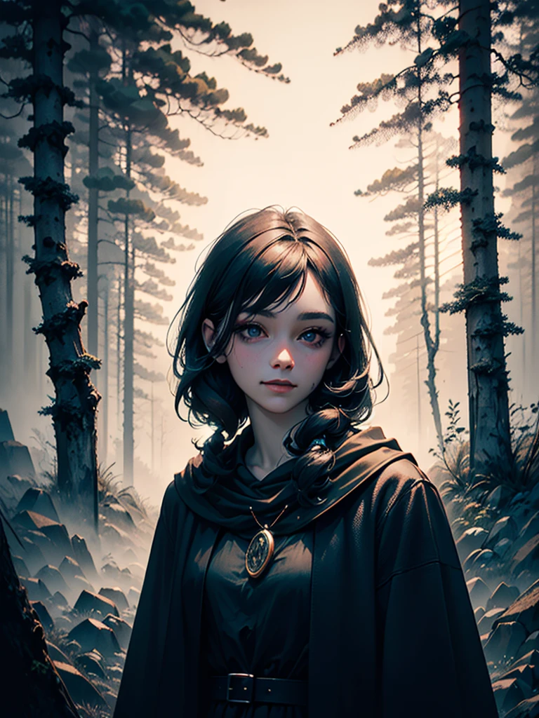 work of art, ultra realistic, 8k, perfect, a beautiful young woman, perfect face, bright eyes, black eyes, discreet smile, dark makeup, black hair, dressed as a witch, dense and dark forest in the background, soft fog, low light, dark weather