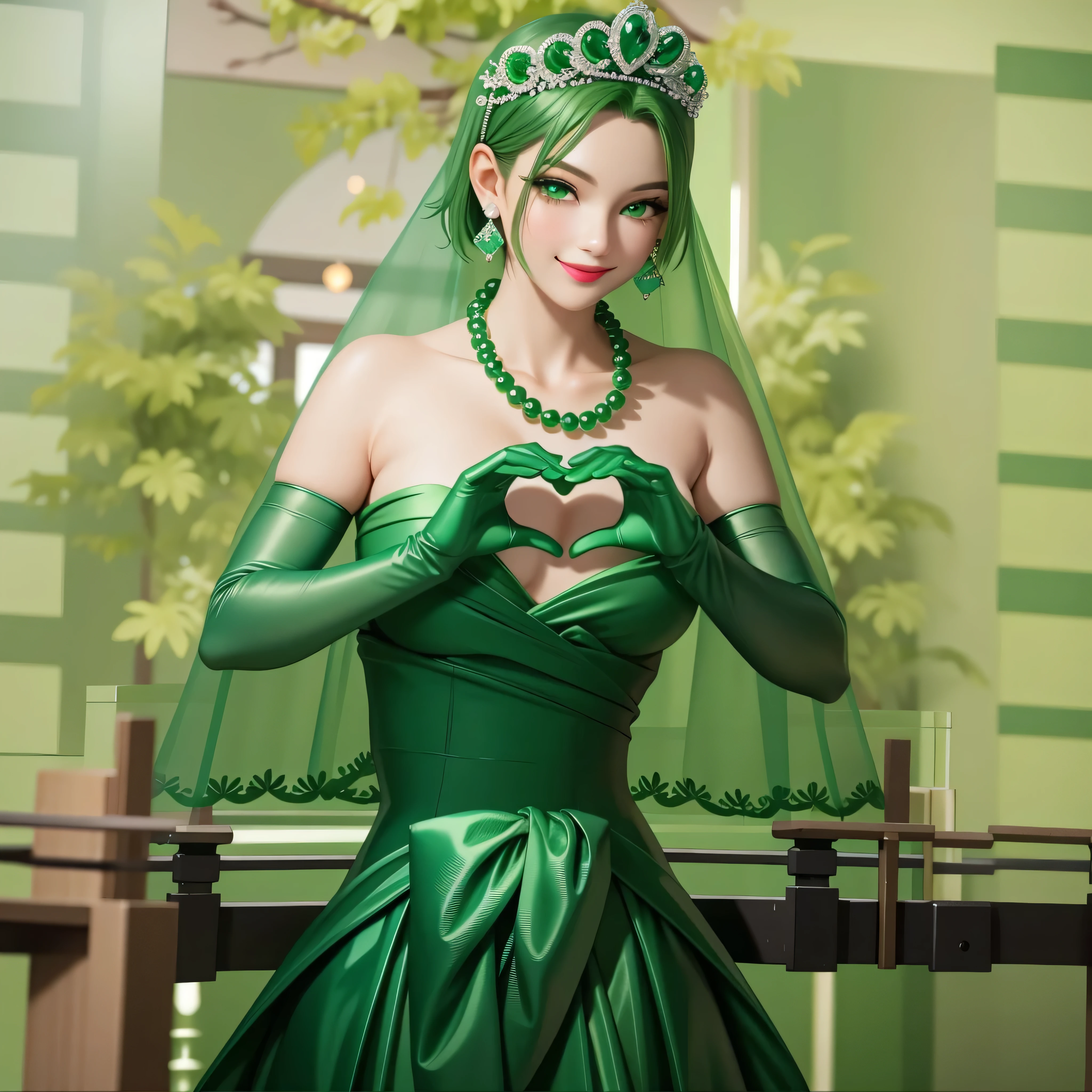 emerald tiara, Green Pearl Necklace, Boyish very short green hair, Green Lips, Smiling Japanese woman, Very short hair, Busty beautiful lady, Green Eyes, Green satin long gloves, Green Eyes, Emerald Earrings, Green veil, Heart with both hands, Green Hair, Beautiful Japanese Woman, Heart shaped hands:1.3, green lip gloss