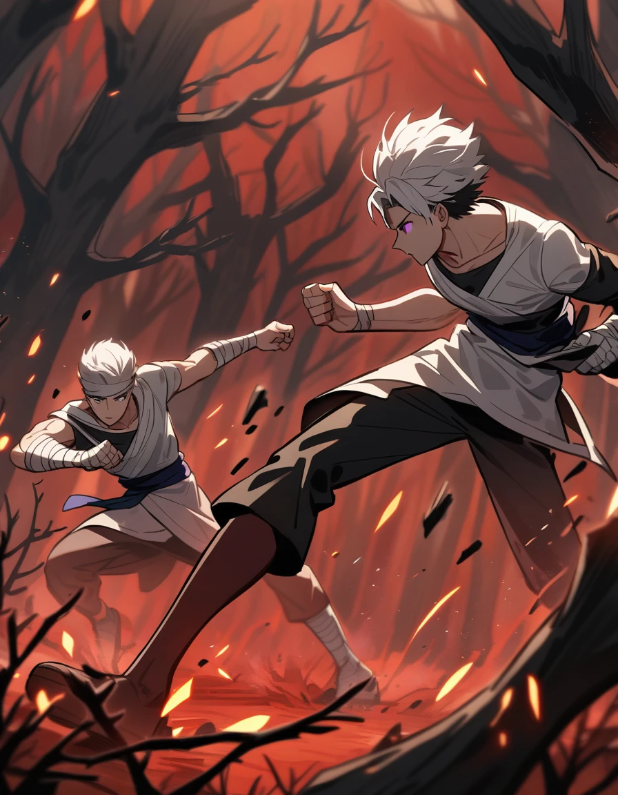 Greek boy with white hair, violet eyes, with bandaged fists, breaking a skeleton with a strong punch in a red forest with dead trees